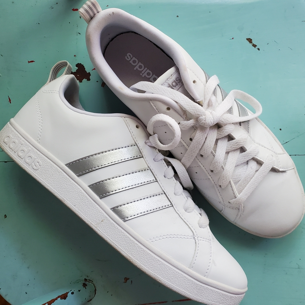Adidas White Sneakers with Silver Stripes
